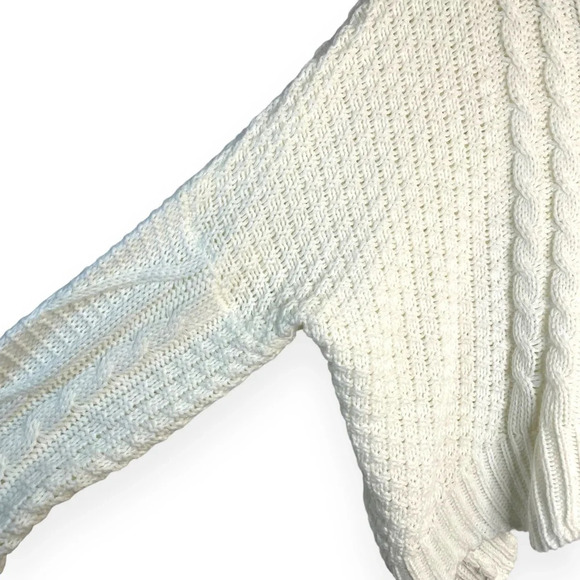 Ivory Chunky Cable Knit Cropped Zig Zag Hem Turtleneck Crochet Sweater Size M - Picture 11 of 15